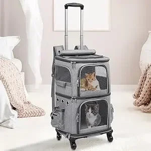 Double-Layer Pet Carrier Backpack with Spinner Wheels – Large Capacity Foldable Cat & Small Dog Trolley Bag for Outdoor Travel