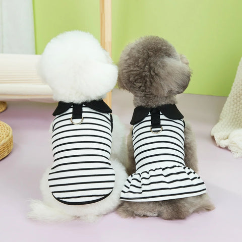 Pet Clothing Spring Summer Striped T-shirts Lapel Dresses Couple Outfits Breathable Dog Clothing Cat Dresses Small Dog Clothing