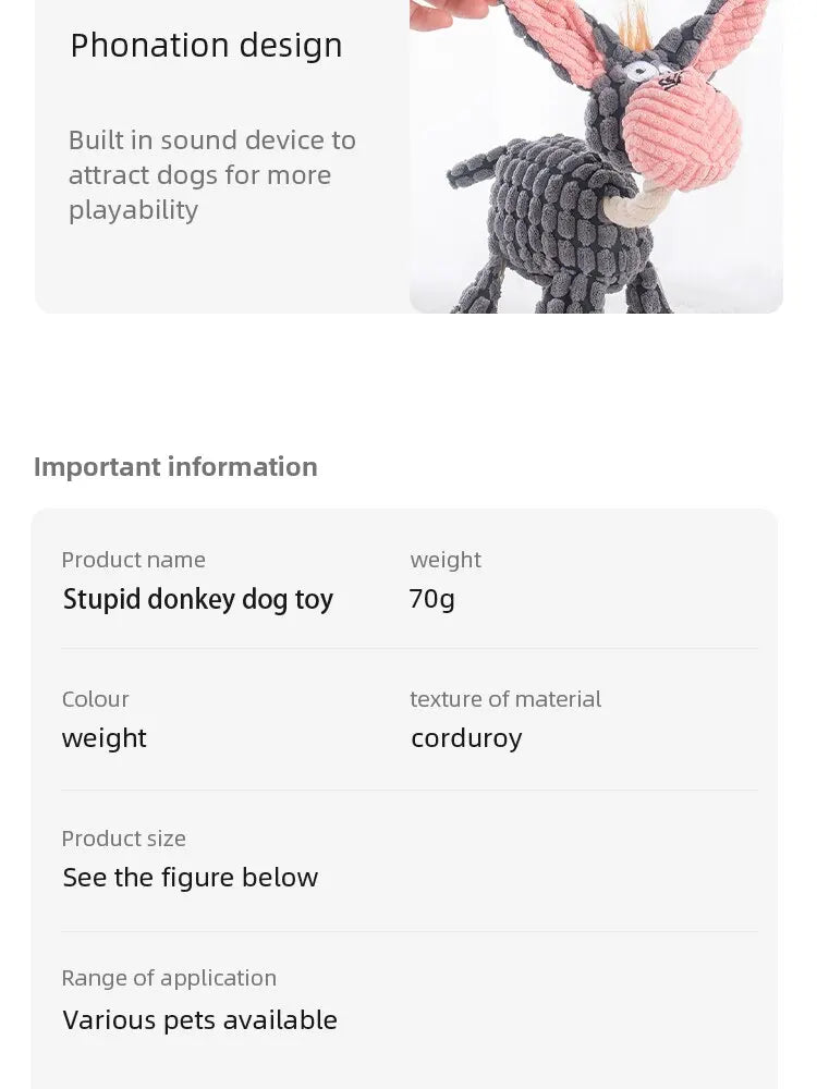 Dog Chew Toy – Donkey Shape Interactive Plush with Squeaker & Molar Training