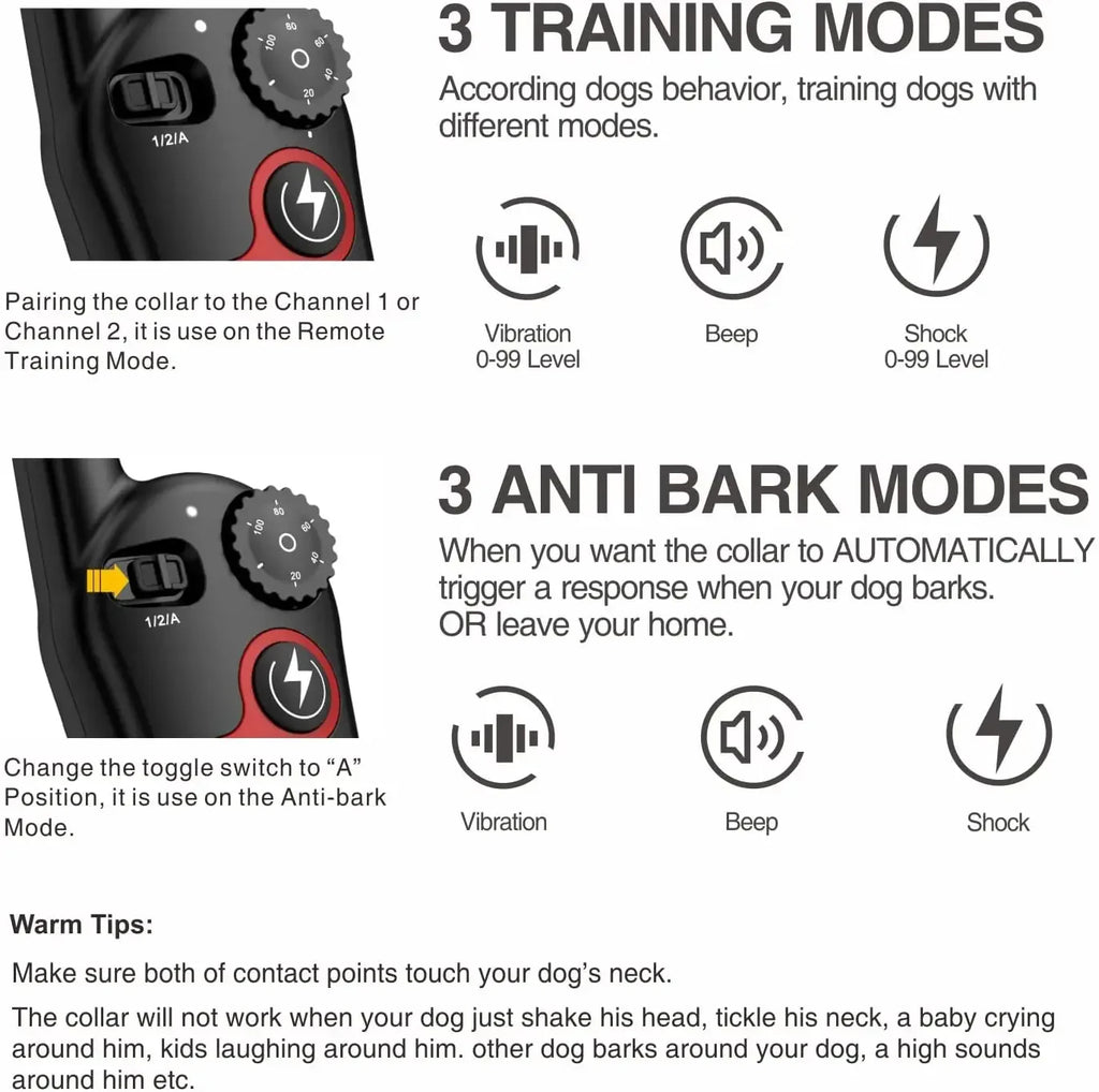 2-in-1 Dog Training & Anti-Bark Collar – Remote Control Shock Collar with Beep, Vibration & Static Modes