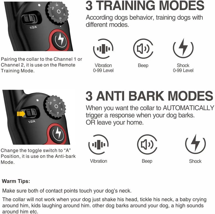 2-in-1 Dog Training & Anti-Bark Collar – Remote Control Shock Collar with Beep, Vibration & Static Modes