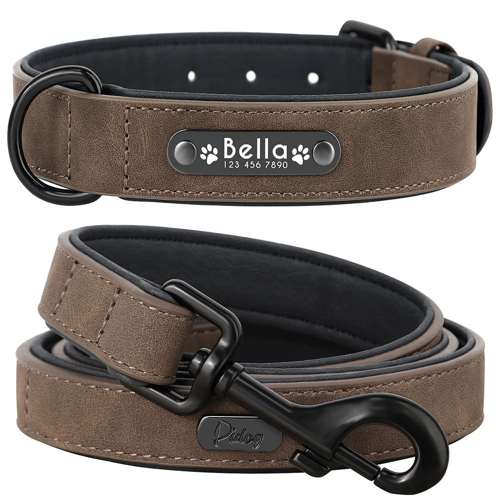 Custom Leather Dog Collar and Leash Set – Personalized, Durable, and Padded for Small to Large Dogs