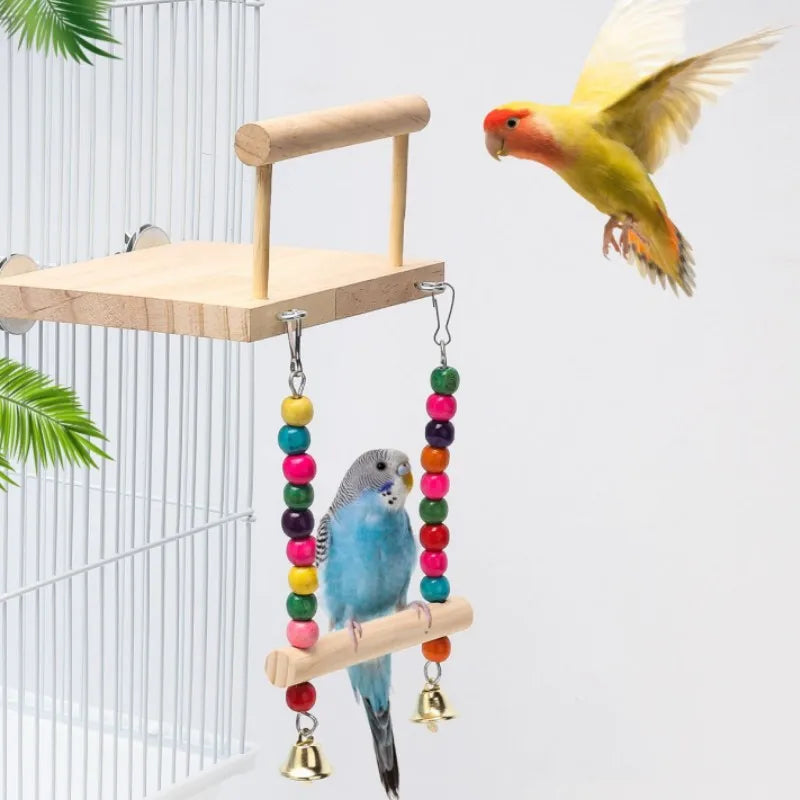 Bird Swing Toy | Wooden Parrot Perch Stand with Chewing Beads | Cage Playground for Budgie Birds