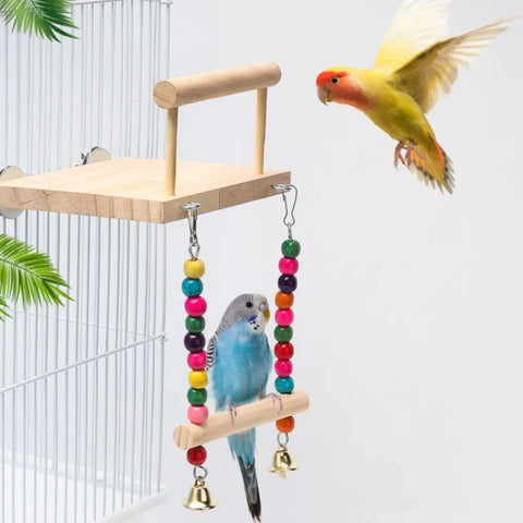 Bird Swing Toy | Wooden Parrot Perch Stand with Chewing Beads | Cage Playground for Budgie Birds