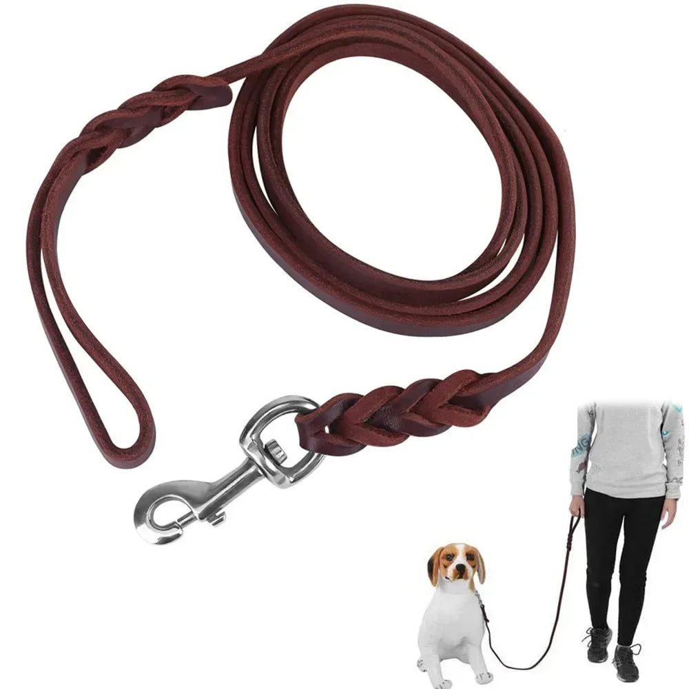 Braided Leather Dog Collar and Leash Set – Durable Genuine Cowhide for Medium & Large Dogs