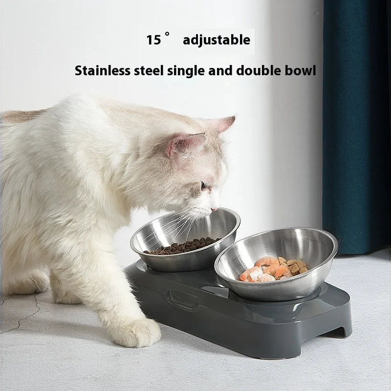 Cat Bowl | Lovely Creative Inclined Feeder | Kitten Puppy Food Bowl | Stainless Steel Pet Dish | 15° Tilt Neck Protector | Anti-Slip Dog Cat Feeder