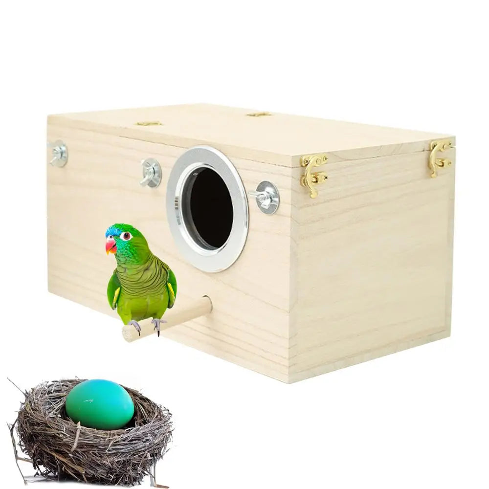 Wood Bird Nest Box | Breeding House with Perch for Parakeets & Small Birds | Decorative Cage Accessory for Indoor & Outdoor Use