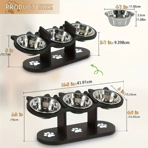 3-Tier Elevated Cat Feeder | Adjustable 15° Angle | Wood & Stainless Steel | Raised Pet Bowl Stand | Multi-Cat Feeding Station | Detachable Bowls | Easy Assembly