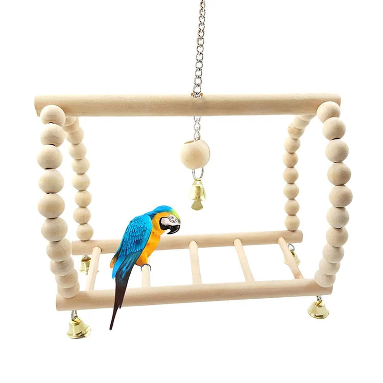 Bird Swing Toy | Wooden Parrot Perch Stand with Chewing Beads | Cage Playground for Budgie Birds