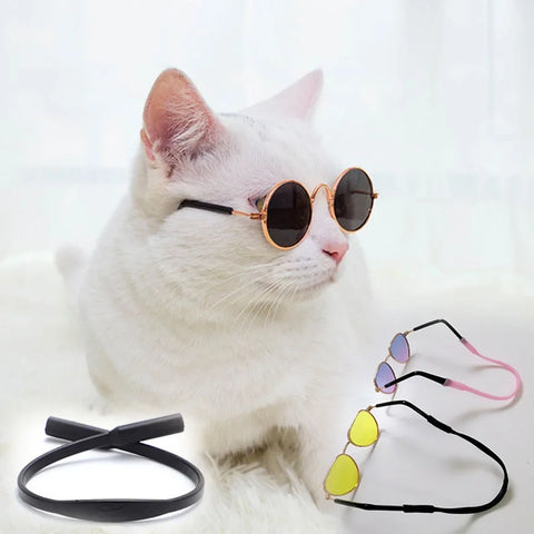 Cat Dog Sunglasses | Funny Pet Glasses - Round Metal Cat Classic Retro Sunglasses with Anti-Slip Belt | Pet Party Costume Photo Props