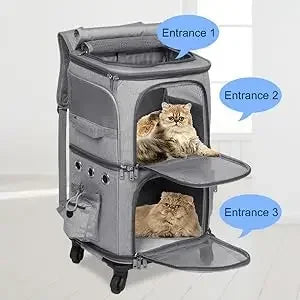 Double-Layer Pet Carrier Backpack with Spinner Wheels – Large Capacity Foldable Cat & Small Dog Trolley Bag for Outdoor Travel