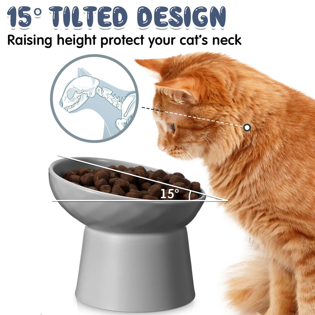 Ceramic Raised Cat Food Bowls | Tilted Elevated Cat Food Bowl Stress Free Backflow Prevention | Microwave Safe Dishwasher