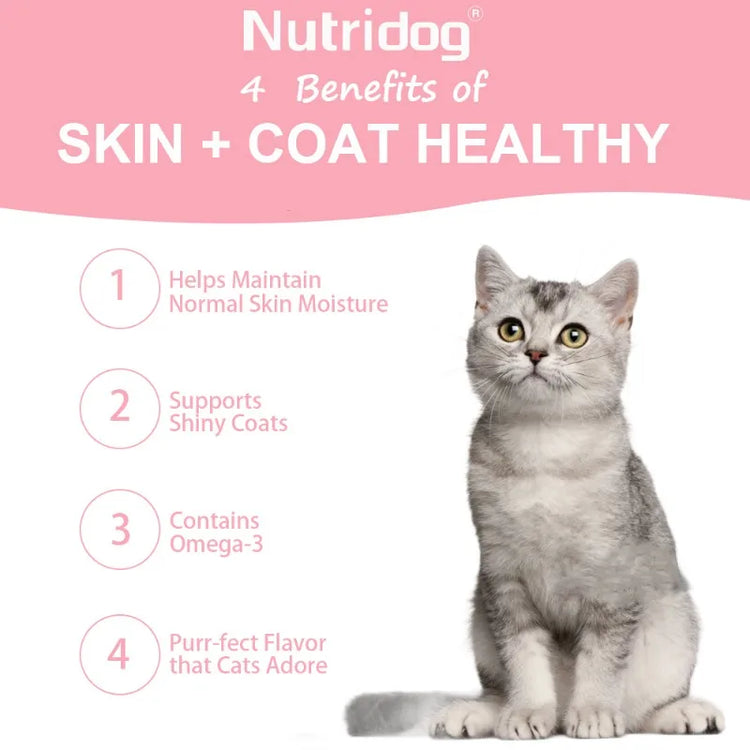 Skin & Coat Cat Chews | Omega 3, Vitamin E, Biotin Supplements | Healthy Skin & Glossy Coat | Anti-Shedding Support | Salmon Flavor