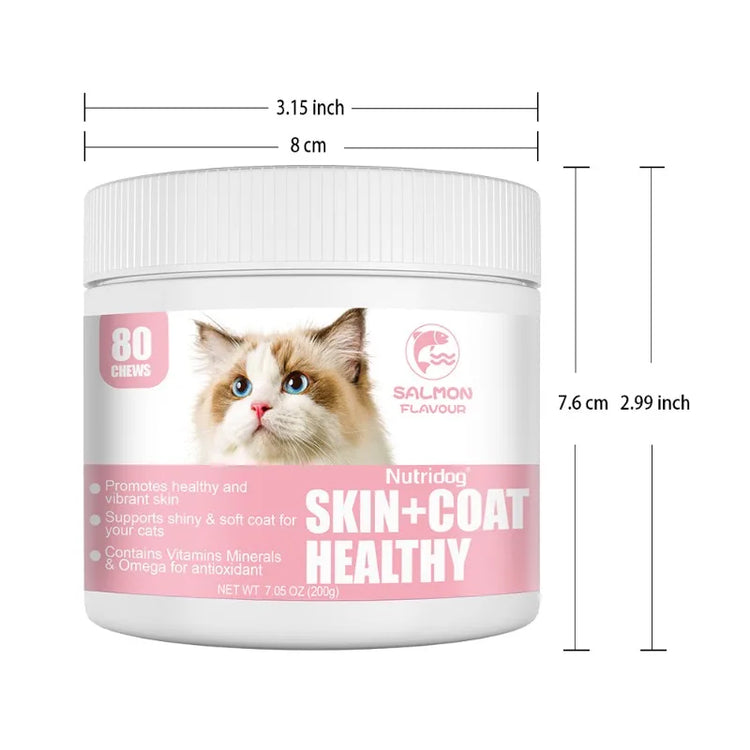 Skin & Coat Cat Chews | Omega 3, Vitamin E, Biotin Supplements | Healthy Skin & Glossy Coat | Anti-Shedding Support | Salmon Flavor