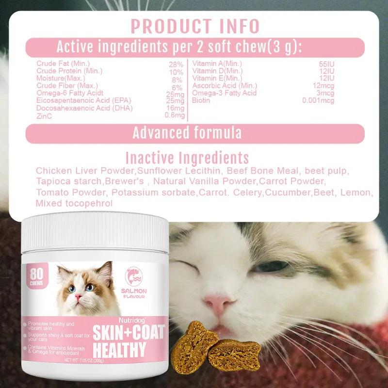 Skin & Coat Cat Chews | Omega 3, Vitamin E, Biotin Supplements | Healthy Skin & Glossy Coat | Anti-Shedding Support | Salmon Flavor