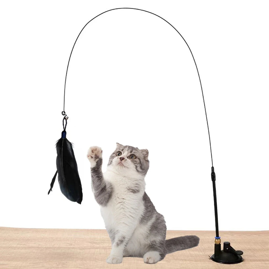 Cat Teaser Toy | Interactive Bell & Feather Wand | Suction Cup Pole | Long Flexible Cat Wand | Exciting Cat Play Toy | Cat Feather Toy | Pet Supplies