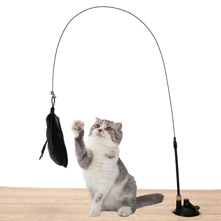 Cat Teaser Toy | Interactive Bell & Feather Wand | Suction Cup Pole | Long Flexible Cat Wand | Exciting Cat Play Toy | Cat Feather Toy | Pet Supplies