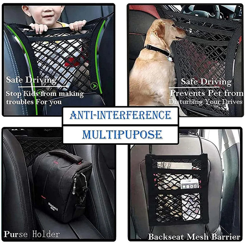 Dog Car Net Barrier with Storage Bag – Rear Seat Safety Fence for Pets and Kids