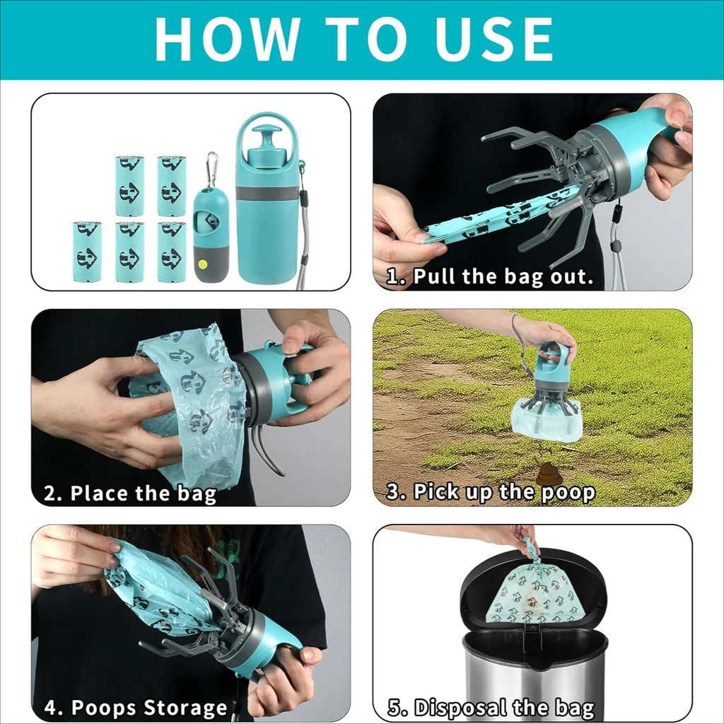 Dog Poop Scooper Set with Claw Picker, Leash Clip, LED Light, and Bag Dispenser