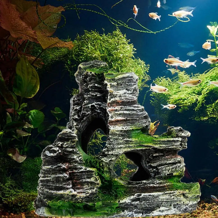 Aquarium Sandstone Decoration – Mountain View Resin Rocks with Caves, Fish & Shrimp Shelter, 11cm