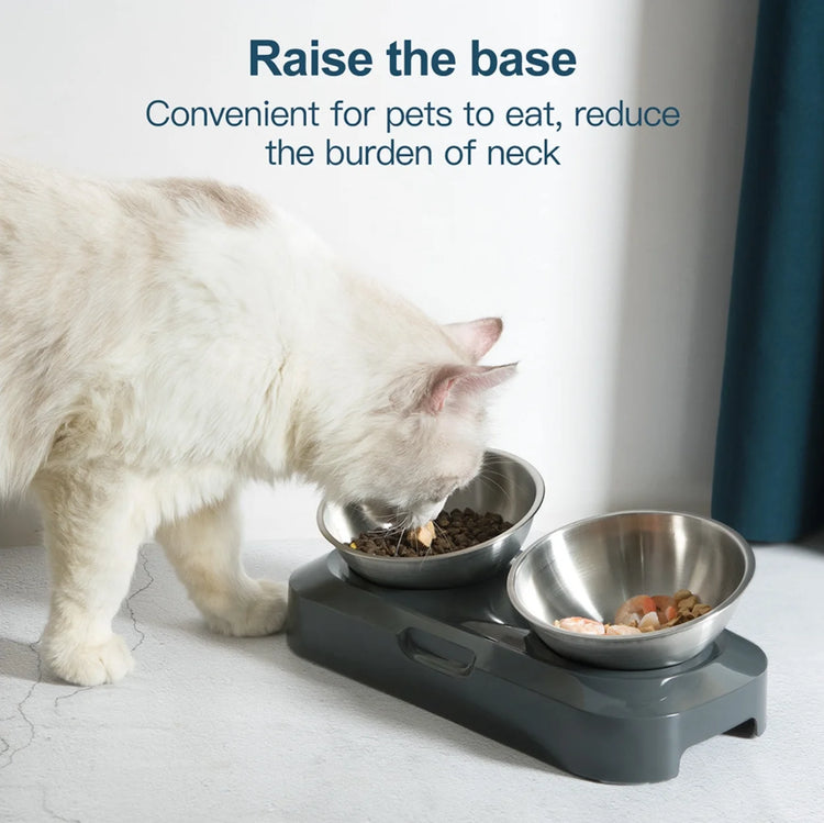 Cat Bowl | Lovely Creative Inclined Feeder | Kitten Puppy Food Bowl | Stainless Steel Pet Dish | 15° Tilt Neck Protector | Anti-Slip Dog Cat Feeder