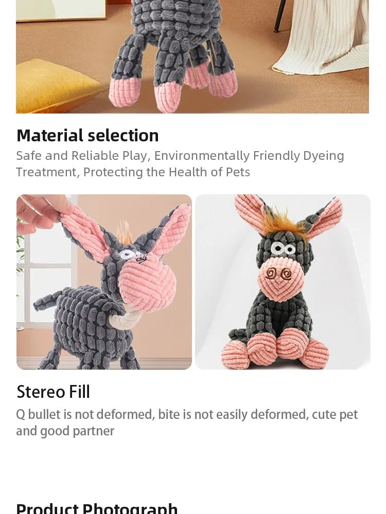 Dog Chew Toy – Donkey Shape Interactive Plush with Squeaker & Molar Training