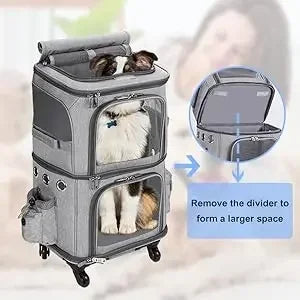 Double-Layer Pet Carrier Backpack with Spinner Wheels – Large Capacity Foldable Cat & Small Dog Trolley Bag for Outdoor Travel