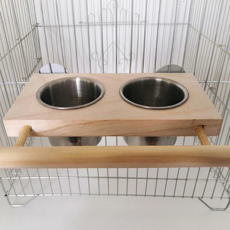Bird Feeder | Stainless Steel Pet Parrot Feeding Bowl with Wooden Stand | Double Bowl Bird Feeding & Watering Supplies