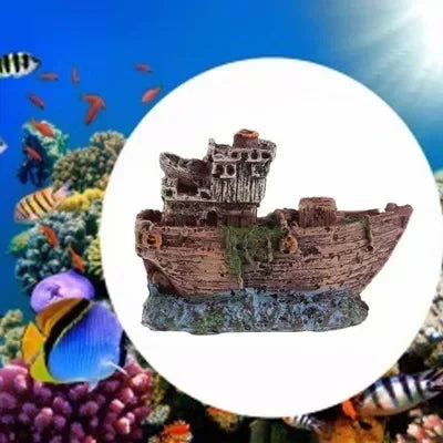 Aquarium Pirate Ship Wreck Ornament – Resin Fish Tank Cave Decor, Vintage Sunk Ship Design