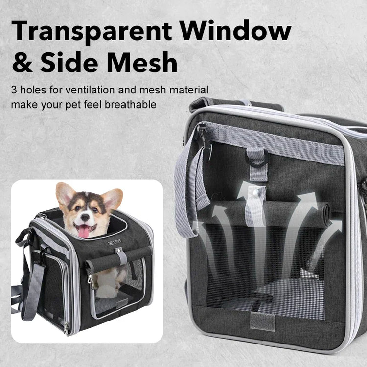 Multifunctional Soft-Sided Dog Bike Basket – Expandable Pet Carrier Backpack with 4 Open Doors