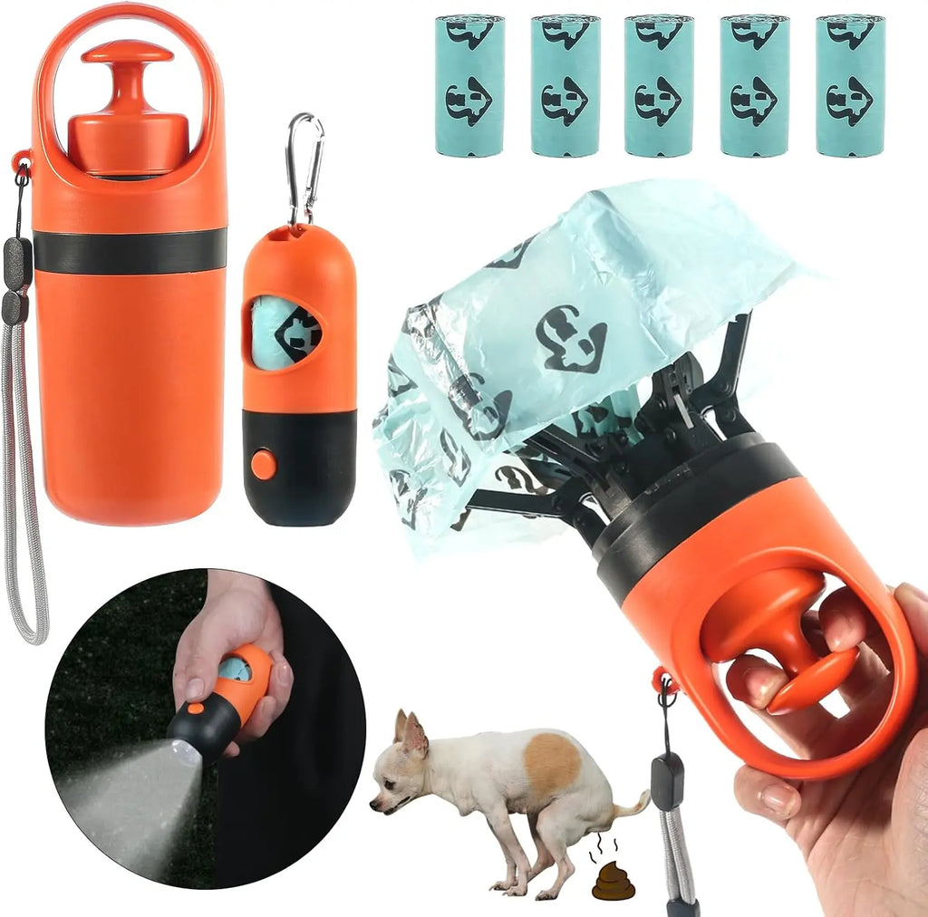 Dog Poop Scooper Set with Claw Picker, Leash Clip, LED Light, and Bag Dispenser