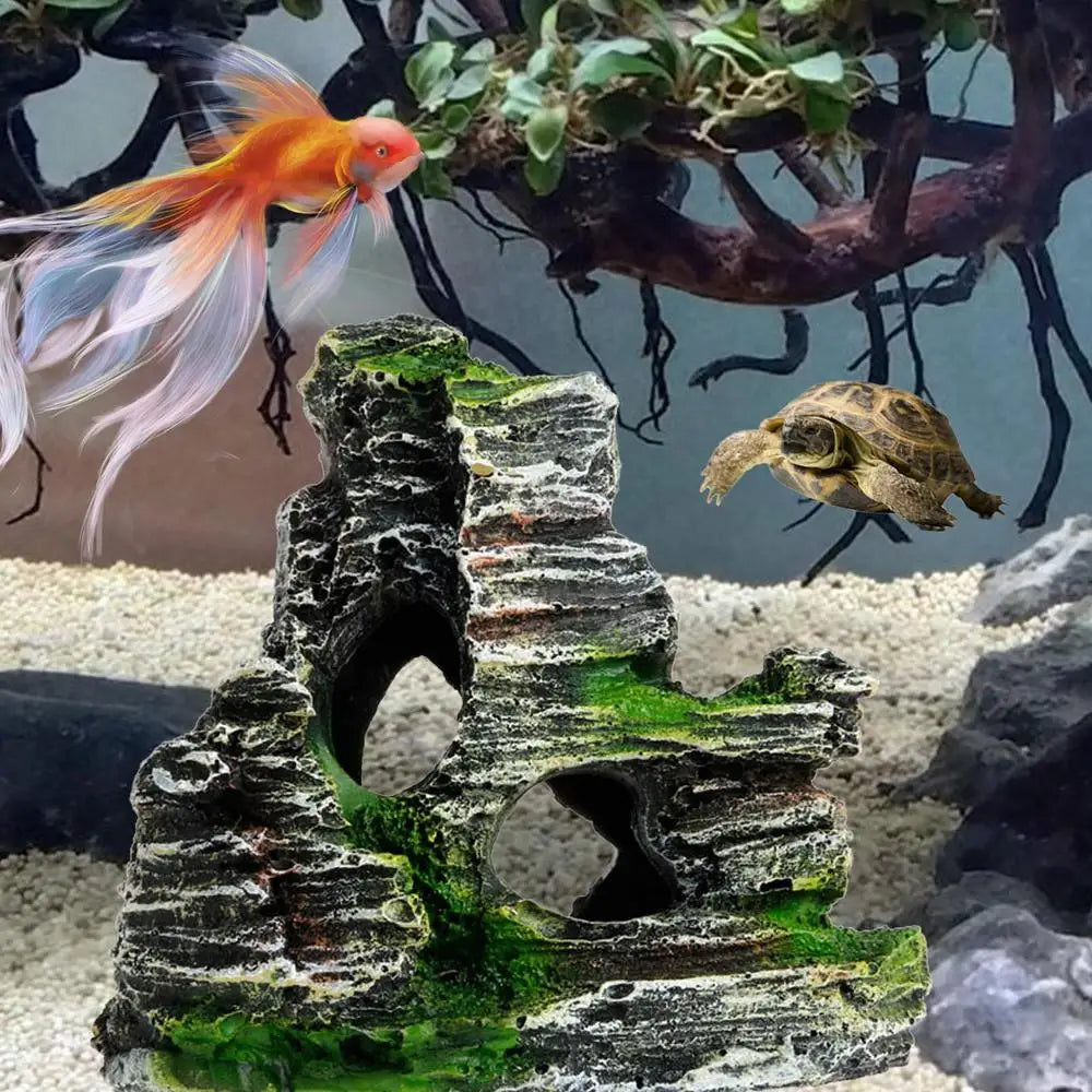 Aquarium Sandstone Decoration – Mountain View Resin Rocks with Caves, Fish & Shrimp Shelter, 11cm
