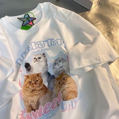 Women’s Cat Super Cute T-Shirt – Loose Fit, Short Sleeve, Plus Size Casual Top