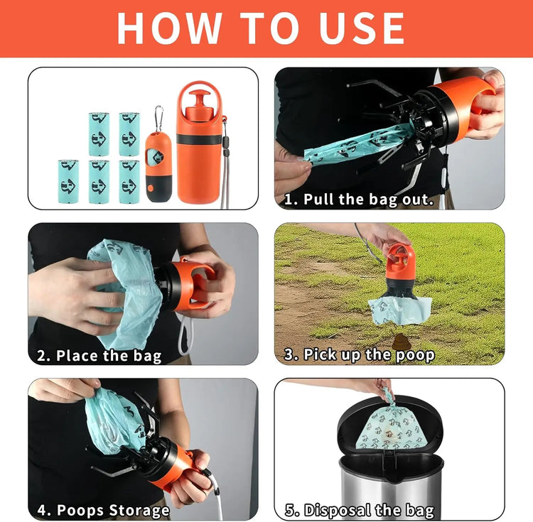 Dog Poop Scooper Set with Claw Picker, Leash Clip, LED Light, and Bag Dispenser