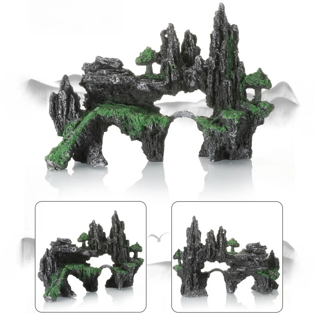 Aquarium Decorative Rockery with Arched Bridge – Resin Landscaping Ornament for Fish Tank or Home Decor