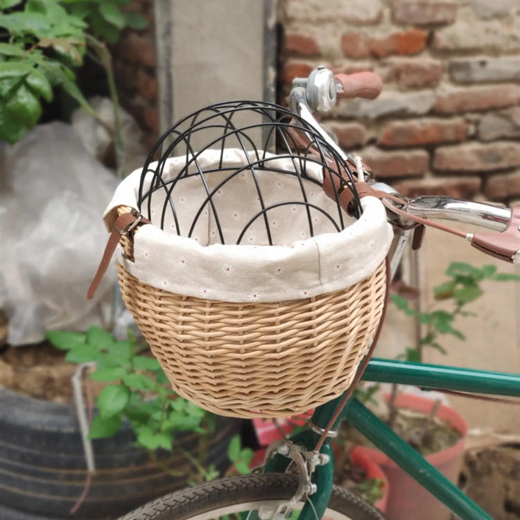 Wicker Pet Carrier | Front Bike Basket with Wire Mesh Cover - Small Dogs/Cats