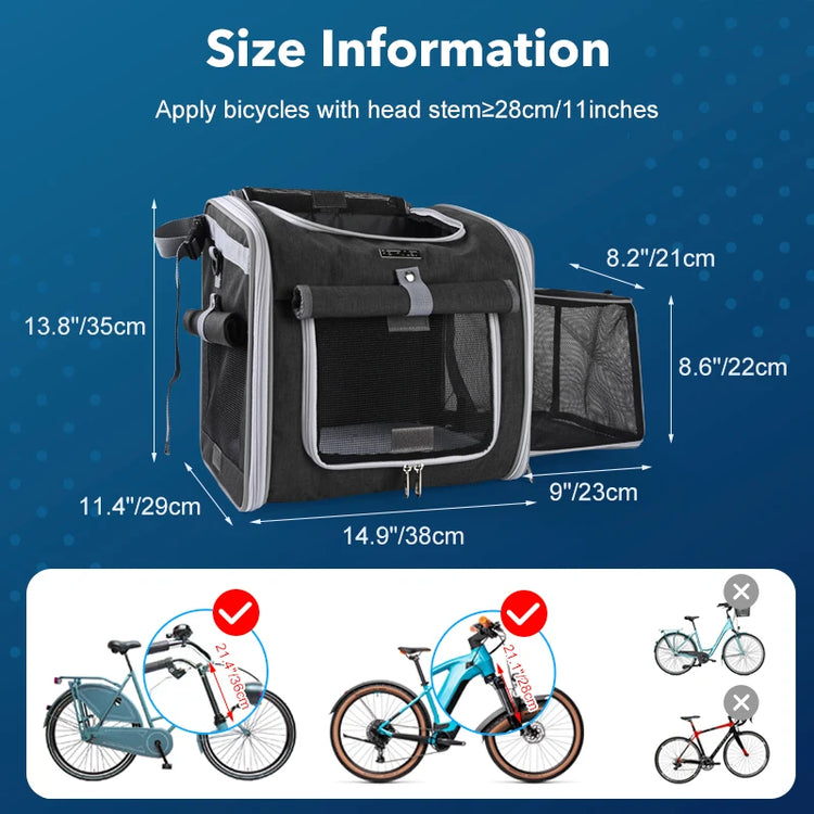 Multifunctional Soft-Sided Dog Bike Basket – Expandable Pet Carrier Backpack with 4 Open Doors