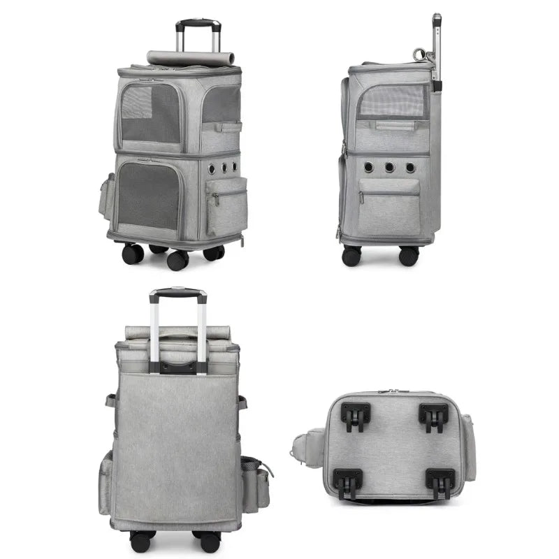 Double-Layer Pet Carrier Backpack with Spinner Wheels – Large Capacity Foldable Cat & Small Dog Trolley Bag for Outdoor Travel