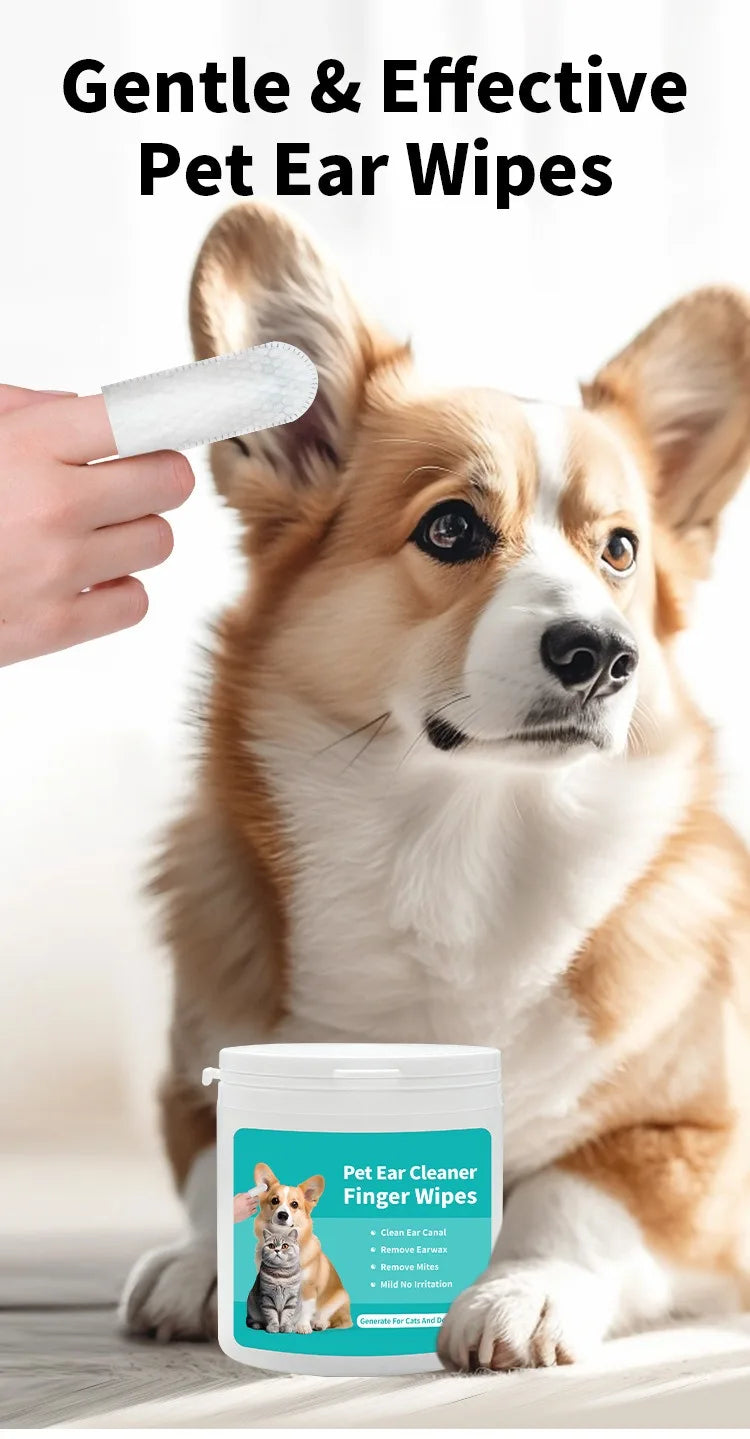 Pet Ear Cleaning Finger Wipes (50ps/can) - Earwax & Mites Removal for Cats and Dogs