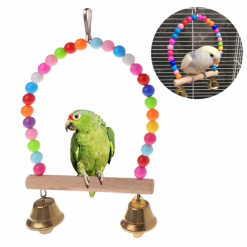 Bird Swing Toy | Wooden Parrot Perch Stand with Chewing Beads | Cage Playground for Budgie Birds