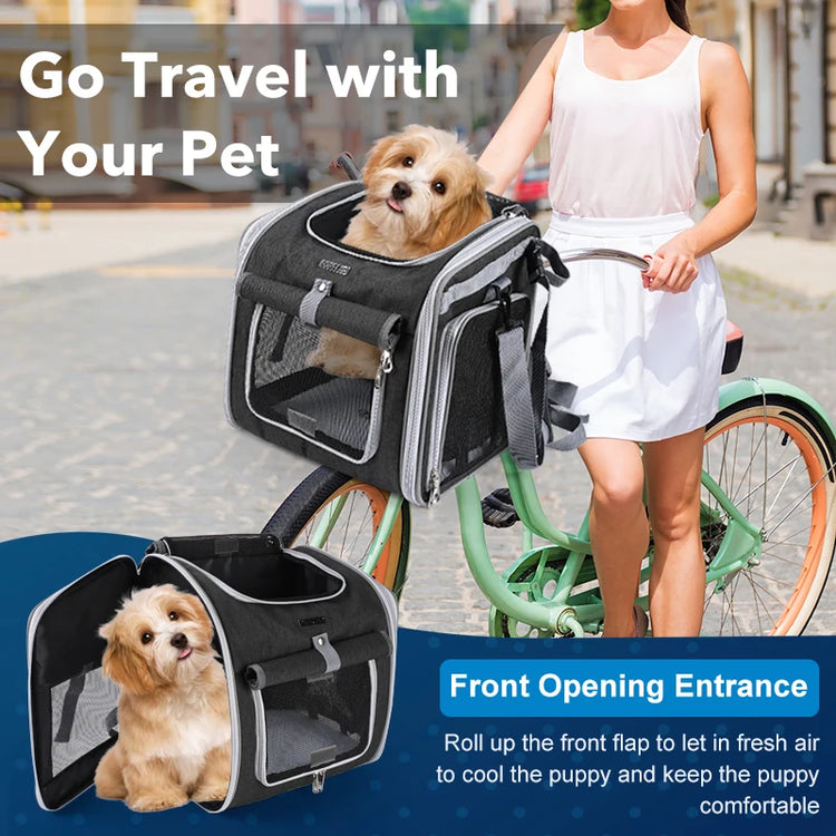 Multifunctional Soft-Sided Dog Bike Basket – Expandable Pet Carrier Backpack with 4 Open Doors
