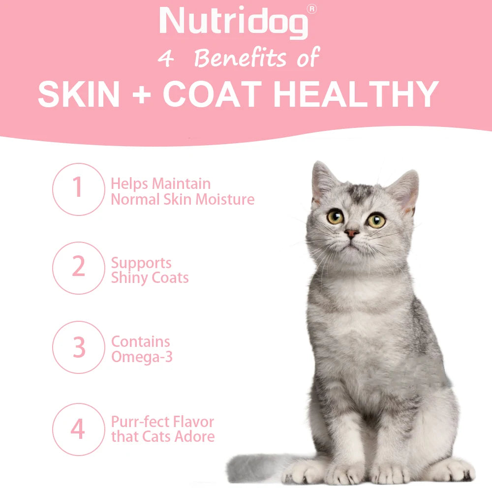 Skin & Coat Cat Chews | Omega 3, Vitamin E, Biotin Supplements | Healthy Skin & Glossy Coat | Anti-Shedding Support | Salmon Flavor