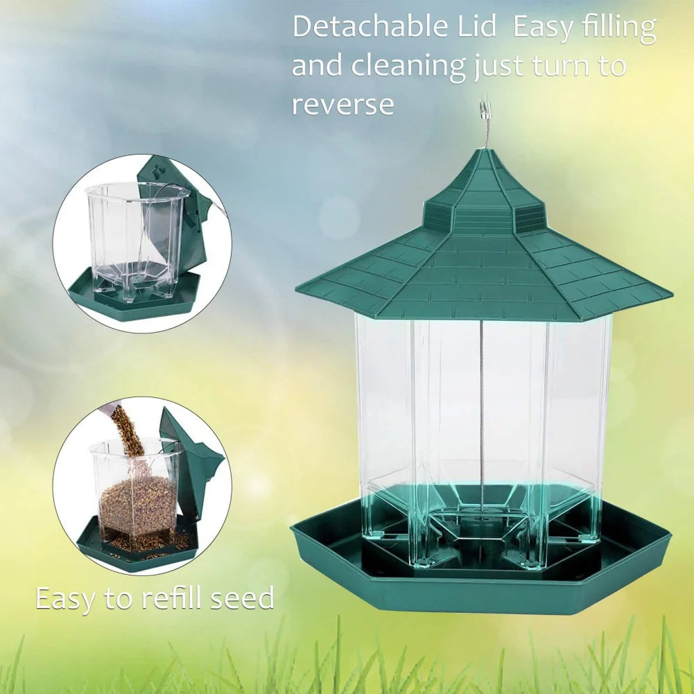 Wild Bird Feeder | Hanging Hexagonal Roof Pavilion | Semi-Automatic Garden Decoration | 1PCS