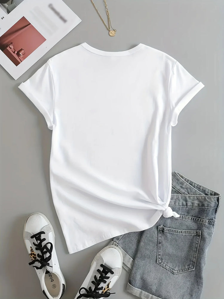 Cat Print T-shirt | Short Sleeve | Crew Neck | Casual Top- Summer & Spring | Women's Clothing