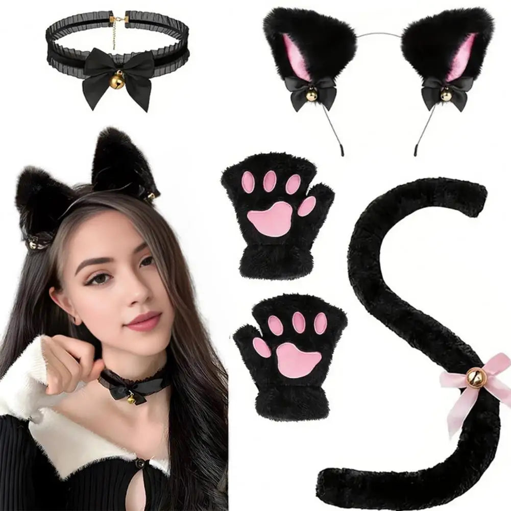 Cosplay Cat Costume Kit | Plush Accessories Set - Headband/Tail/Gloves/Necklace | Dress-Up | Party Wear | Halloween Outfit