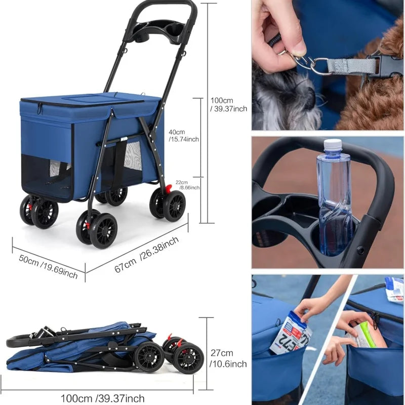 Pet Stroller Dog Cat Carrier | Foldable Lightweight Travel Cart with Storage Basket for Small Pets | Outdoor Walking Shopping Cart