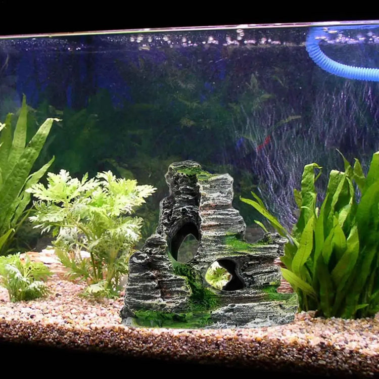 Aquarium Sandstone Decoration – Mountain View Resin Rocks with Caves, Fish & Shrimp Shelter, 11cm