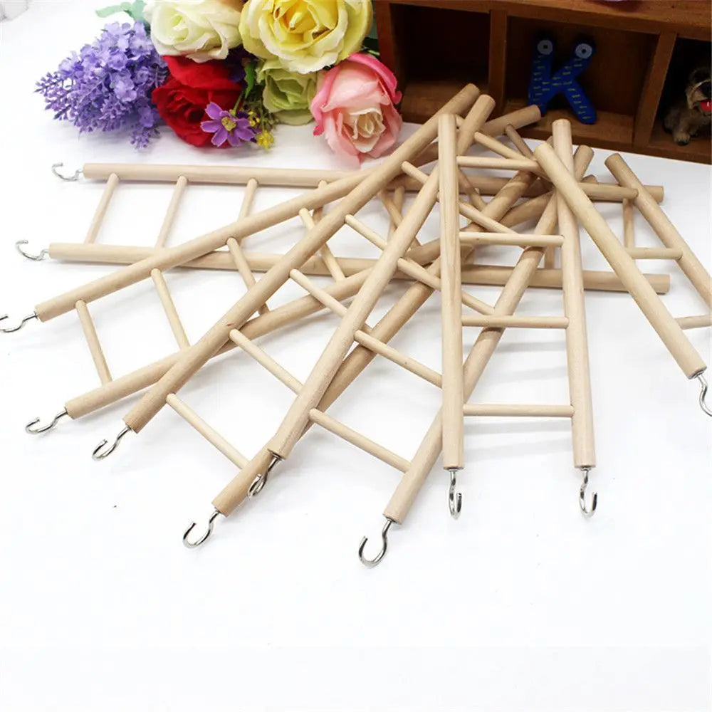 Wooden Bird Climbing Ladder Toy | DIY Parrot Cage Accessory with Hooks | Natural Wood Play Ladder for Birds & Hamsters