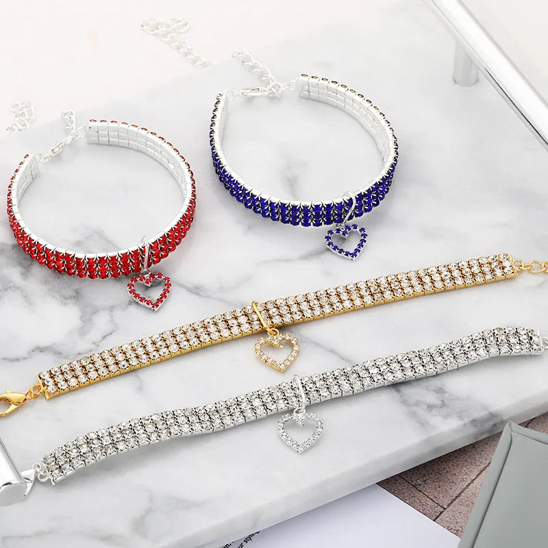 New Cat Dog Collar | Three Row Elastic Rhinestone Pet Collars | Love Decoration Necklace | Puppy Kitten Ornament | Pets Supplies