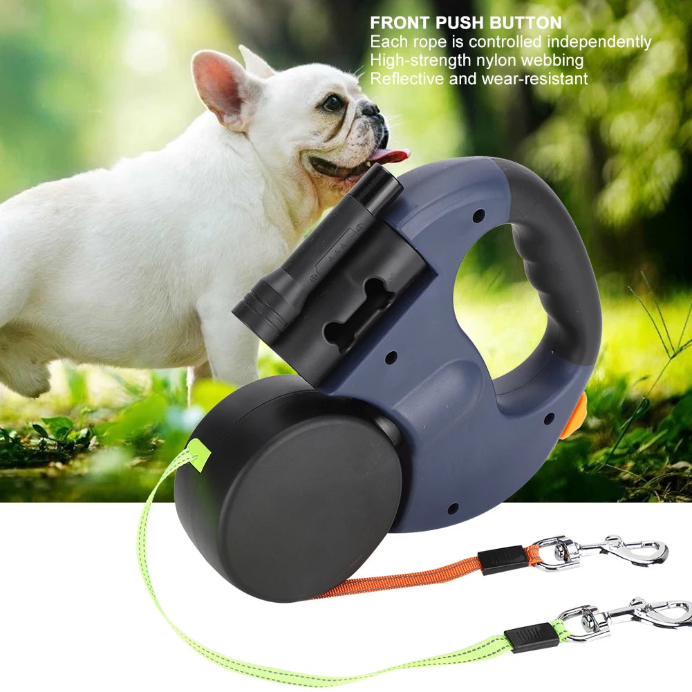 Dual-Head Retractable Dog Leash with LED Light – Extendable, Tangle-Free, and Reflective
